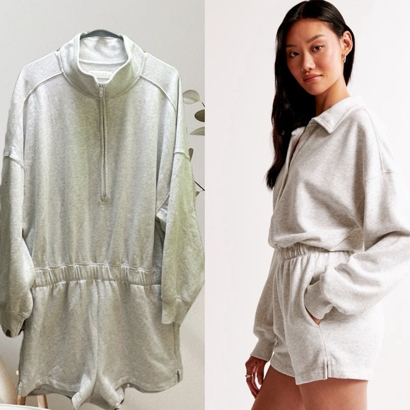 Abercrombie & Fitch Light Gray Women's Zip-Up Sweatshirt Romper XL - Picture 1 of 10